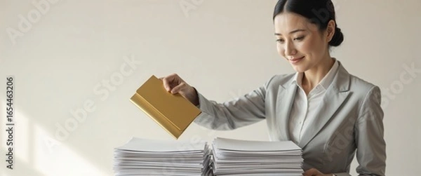 Fototapeta A focused woman in a gray suit is sorting through a stack of papers in an office. She holds a gold folder in her hand and appears content as she engages in recruitment tasks