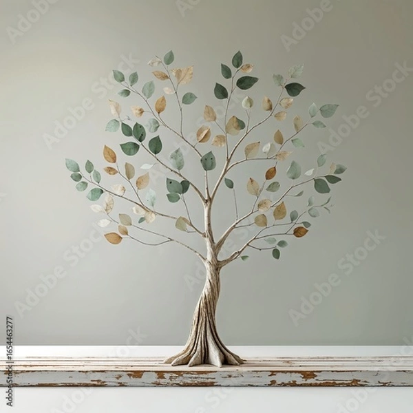 Fototapeta A decorative tree sculpture stands on a wooden surface, featuring textured leaves in shades of green, gold, and white. This elegant piece enhances any modern interior setting