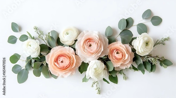 Fototapeta Soft peach and white ranunculus flower arrangement with eucalyptus leaves on white background
