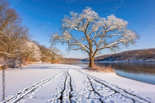 Obraz Winter wonderland scene by a frozen river.  A snow-covered path winds along the shore, with a frosted tree standing tall