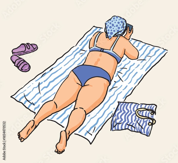 Fototapeta One woman in beach holiday, summer vacation, lying on seashore, using smartphone, tanned, relaxing, realistic outline hand drawing, vector illustration