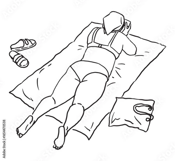 Fototapeta One woman in beach holiday, summer vacation, lying on seashore, using smartphone, tanned, relaxing, realistic contour hand drawing, vector illustration