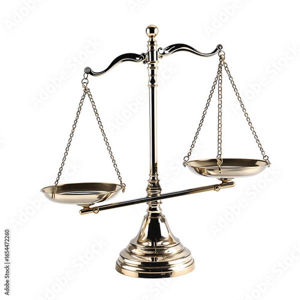 Fototapeta Golden balance scale, clearly unbalanced on white. Symbolizes challenges in achieving fairness, justice within legal and societal systems, representing disparity and ethical equilibrium quest.