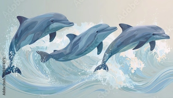Obraz Three dolphins leap through ocean waves