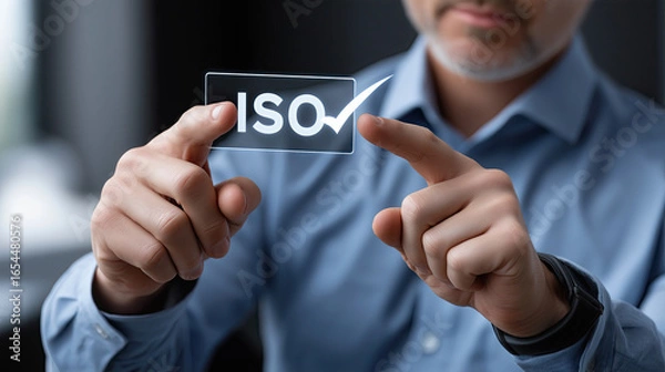 Fototapeta Man in blue shirt holds transparent card displaying ISO logo, symbolizing quality assurance and standards