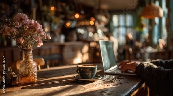 Fototapeta and keyword list based on the image provided

 Person Typing on Laptop at Wooden Table in Coffee Shop with Flowers, Hot Drink.