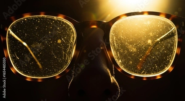 Fototapeta Worn eyeglasses with dust and scratches illuminated by a warm, golden backlight