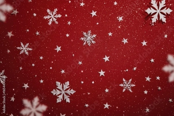 Fototapeta Festive red background with white snowflakes and stars
