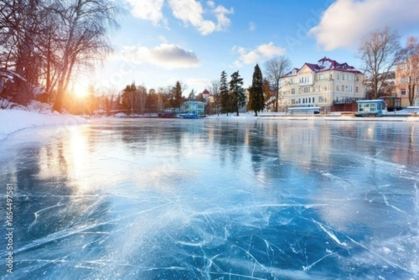 Obraz Frozen winter lake reflecting buildings