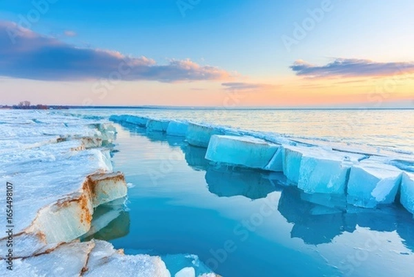 Obraz Frozen lake shore at sunset.  Tranquil ice formations, vibrant colors, calm water
