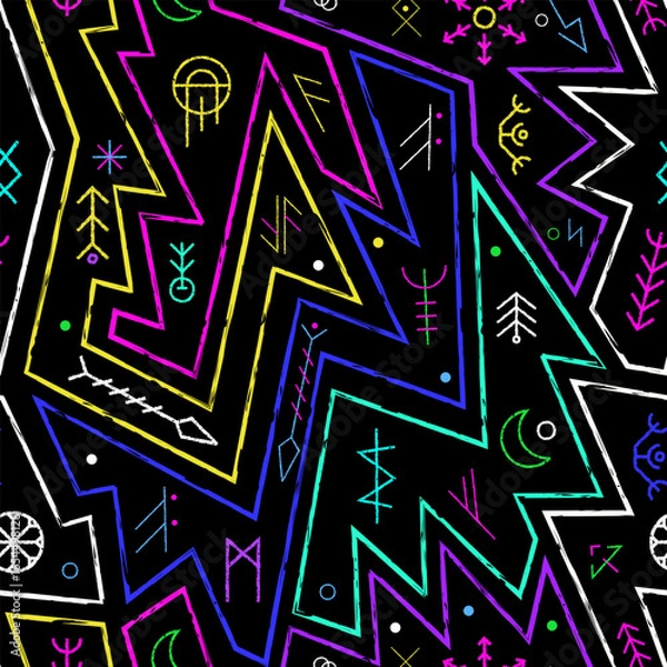 Obraz Neon runes. Geometric seamless pattern