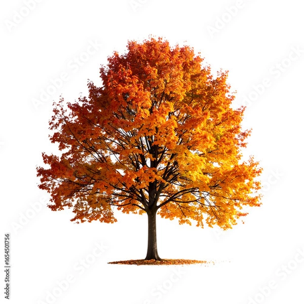 Fototapeta Vibrant autumn tree with fiery orange leaves against Transparent Background
