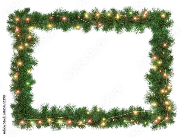 Fototapeta Seamless decorative christmas border with coniferous branches and garlands on transparent background, cutout
