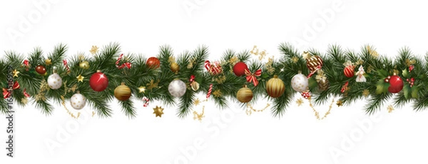 Fototapeta Seamless decorative christmas border with coniferous branches and garlands on transparent background, cutout
