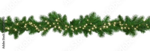 Fototapeta Seamless decorative christmas border with coniferous branches and garlands on transparent background, cutout