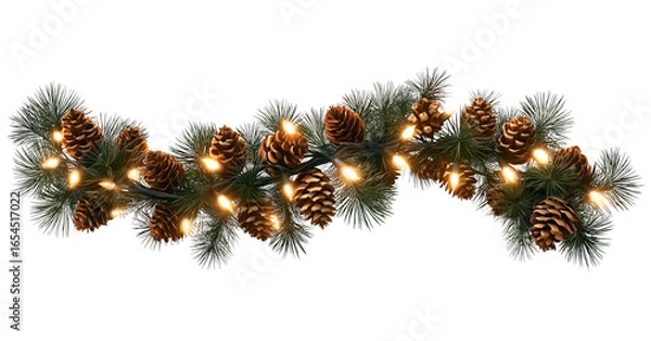 Fototapeta Seamless decorative christmas border with coniferous branches and garlands on transparent background, cutout