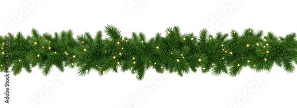 Fototapeta Seamless decorative christmas border with coniferous branches and garlands on transparent background, cutout
