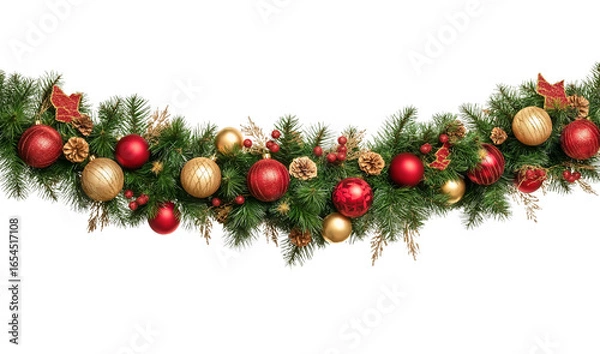 Fototapeta Seamless decorative christmas border with coniferous branches and garlands on transparent background, cutout