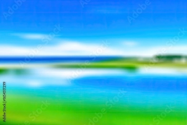 Fototapeta Blurry landscape view of a serene lake, grass, and a clear blue sky