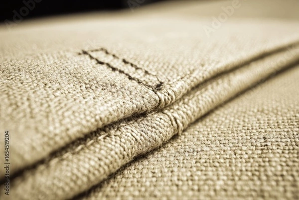 Fototapeta Close-up of a beige linen fabric with a seam