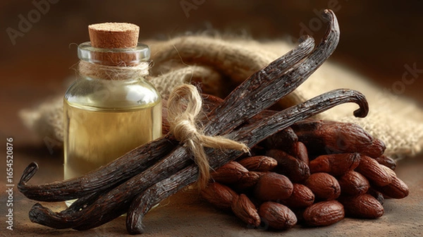 Obraz Vanilla beans, sugar, and extract in rustic setting