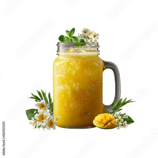 Fototapeta Refreshing Mango Smoothie in Mason Jar with Flowers and Mint