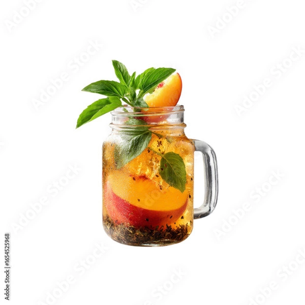 Obraz Refreshing Peach Iced Tea with Basil in Mason Jar