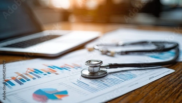 Obraz Medical data analysis, stethoscope on reports