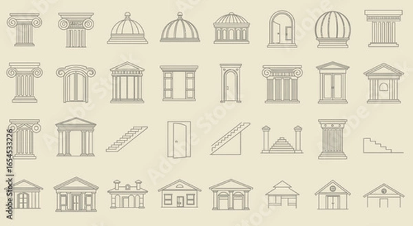 Fototapeta Collection of classic architectural elements line icons: columns, doors, windows, stairs, and building facades, ideal for design projects needing a touch of classic elegance and sophistication.