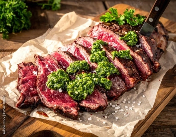 Fototapeta Perfectly Grilled Ribeye Steak Slices with Fresh Chimichurri Sauce.