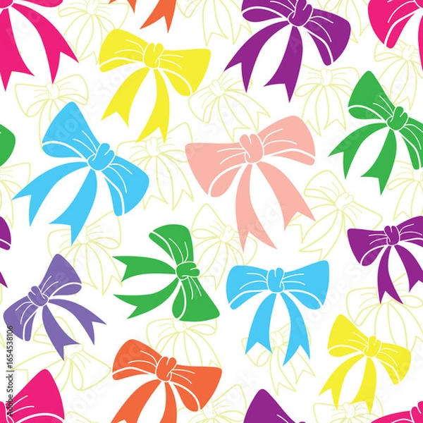 Fototapeta Raster illustration. Colorful vibrant bow seamless repeat pattern with outlined bows in background.