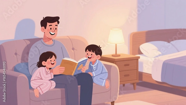 Obraz Flat vector scene of a dad reading bedtime stories to children, clean background.