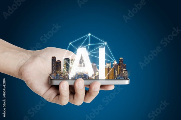 Fototapeta Hand holding mobile smart phone, with AI technology concepts. Artificial intelligence technology application