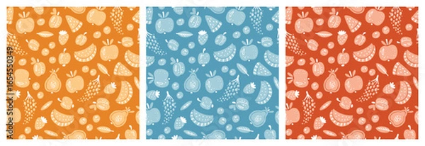 Fototapeta Set of Berries and Fruits Vector Seamless Patterns. Summer Fruit Background - Yellow, Blue, Red Colors. Vector Illustration