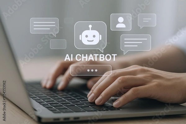 Fototapeta AI Chatbot Interface Concept: Person Typing on Laptop Keyboard with Chat Bubbles Overlay