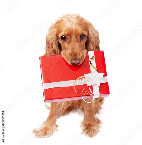 Obraz Dog Holding Gift Box on Transparent Background
