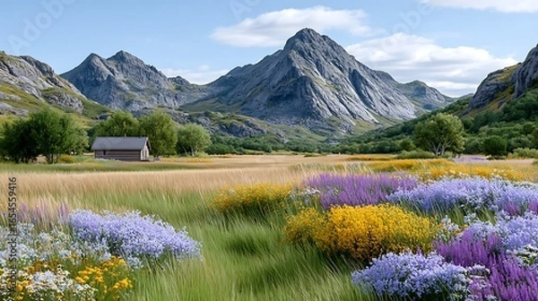 Fototapeta Spring Meadow Embracing Cabin with Majestic Mountain Background