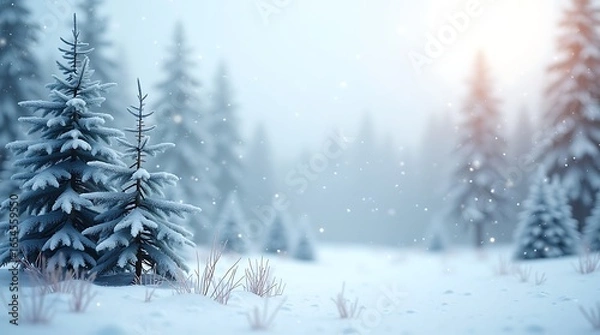 Fototapeta A serene winter wonderland background is presented with a soft, dreamlike quality