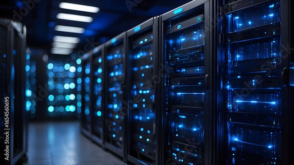Obraz Immersive server room with glowing blue lights and data flow visualization creating a futuristic tech environment