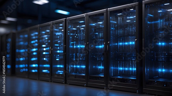 Obraz Illuminated server racks hum with powerful blue light, representing data centers and advanced technology infrastructure.