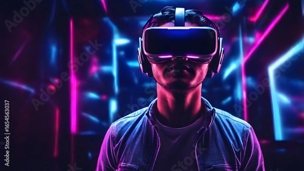 Obraz Immersive VR experience with glowing neon lights transports user to futuristic digital world