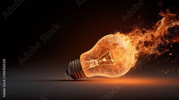 Obraz A glass lightbulb engulfed in flames rests on a dark surface, emitting an intense orange glow. The fire trails behind it, suggesting motion and intensity