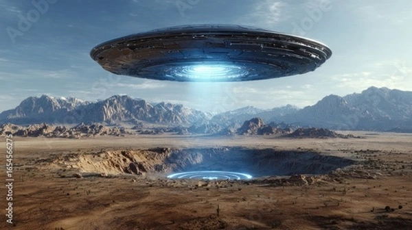 Obraz A futuristic flying saucer hovers over a desert landscape with mountains in the background