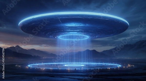 Obraz A futuristic, disc-shaped craft hovers over a desolate, mountainous landscape at twilight, emitting beams of light onto a gathering below