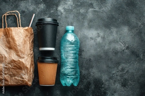Fototapeta Disposable coffee cups, plastic bottle, paper bag on dark surface