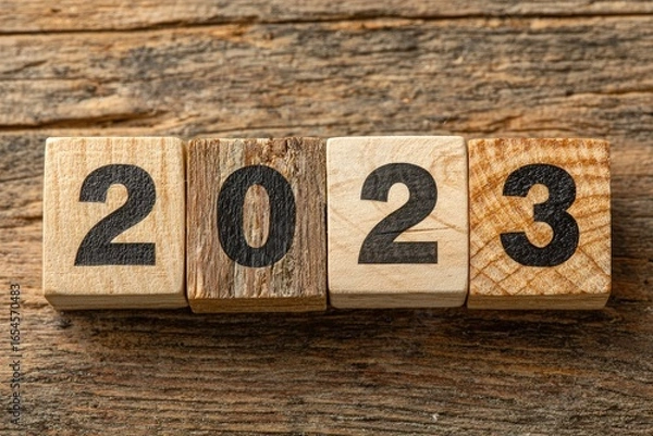 Fototapeta Wooden blocks spelling out 2023 on a rustic wooden surface (2)