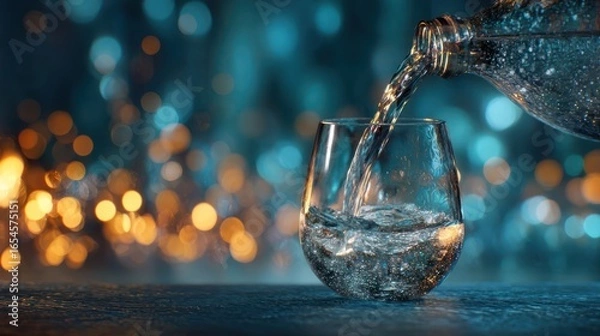 Obraz Sparkling water pours from a bottle into a clear glass on a dark surface with a bokeh background of warm and cool colored lights
