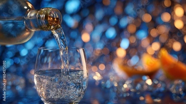 Obraz Clear liquid pours from a bottle into a glass against a bokeh background of blue and orange lights, with an out-of-focus citrus slice in the lower right