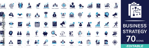 Obraz Business Strategy icon set with goal, tactics, vision, plan, objective, roadmap, mission, solution, and execution. Solid vector collection.