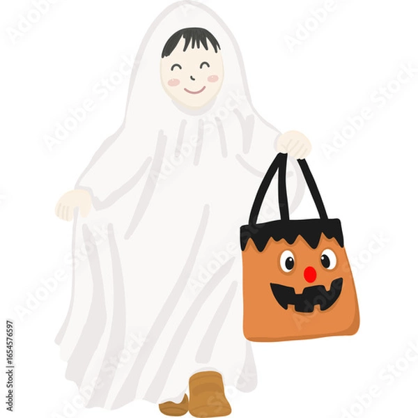 Fototapeta Cute illustration of a child dressed as a ghost for Halloween, holding a pumpkin themed trick or treat bag. Perfect for holiday decorations, children’s designs, and spooky festive artwork.
